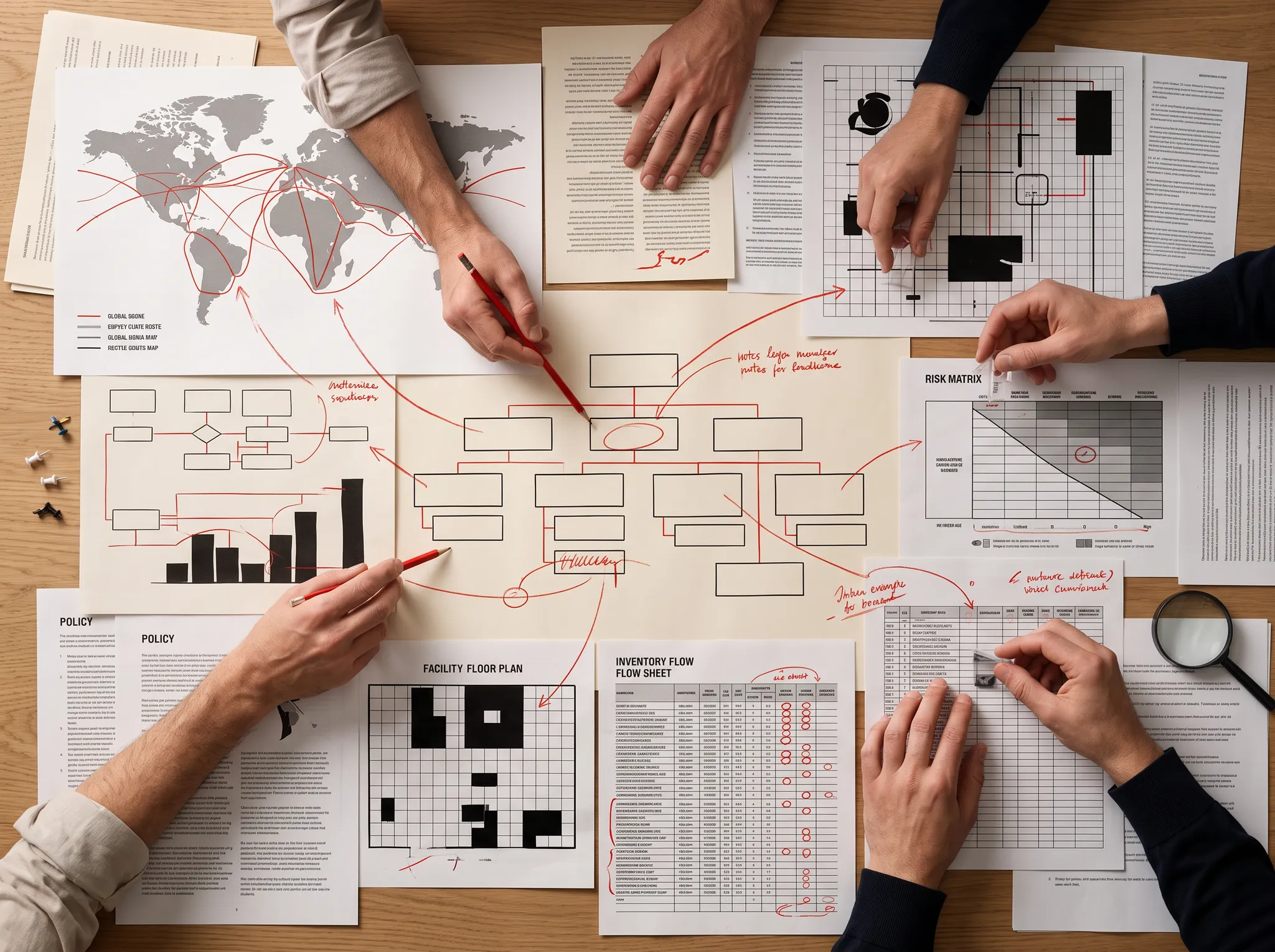 A team mapping supply chains, organizational dependencies, risk, policy, and inventory flows