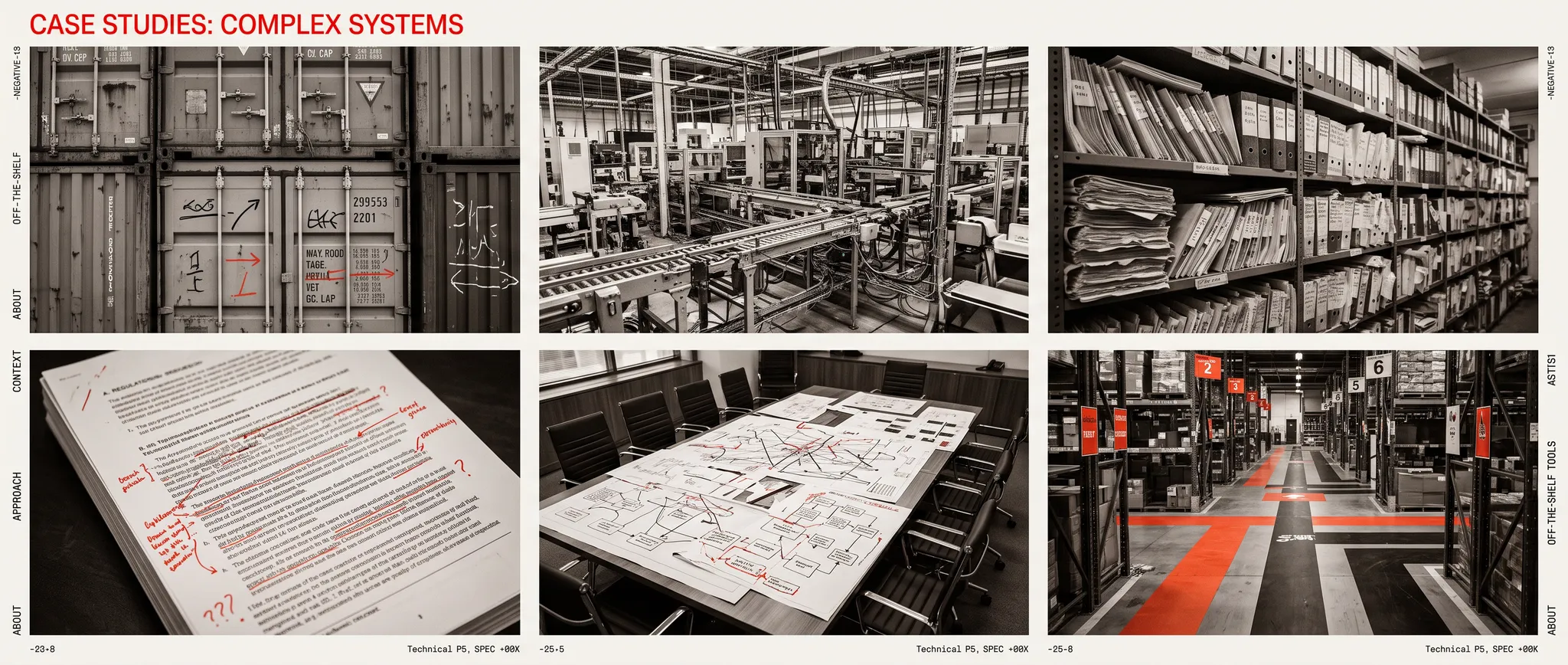 Contact sheet showing logistics, manufacturing, legacy records, regulation, planning, and warehousing