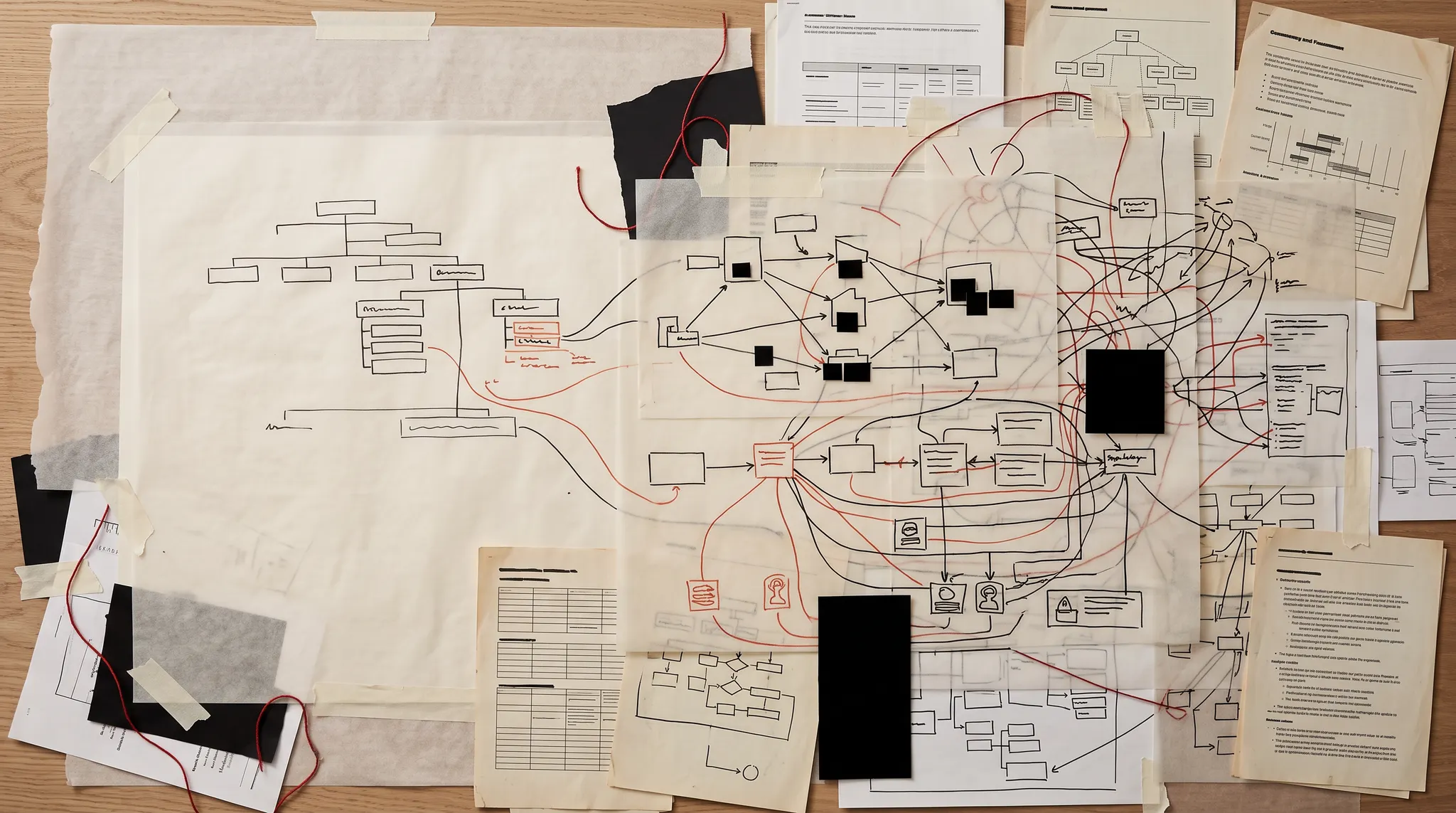 Layered planning documents mapping organizational systems, constraints, and dependencies